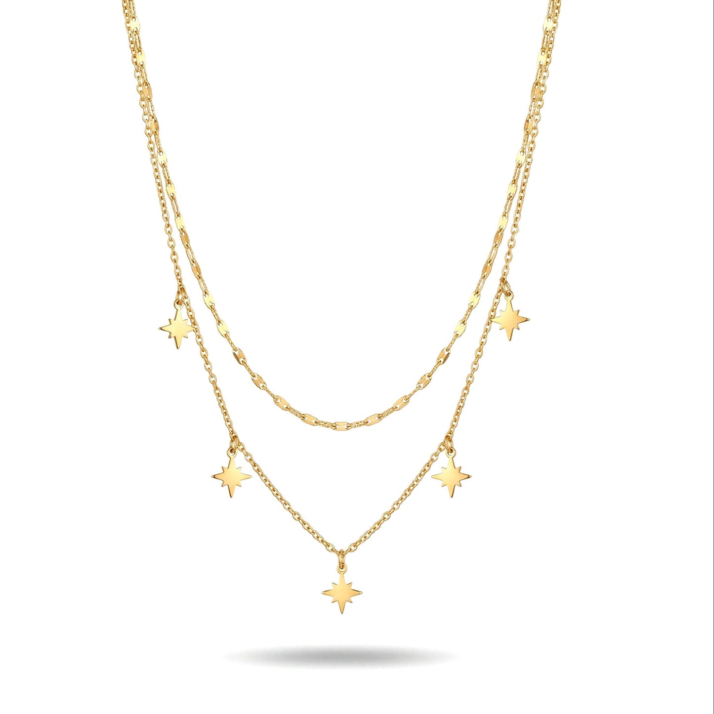 Gold necklace with star pendants on a white background