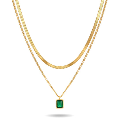 Green Solitaire Layered Necklace