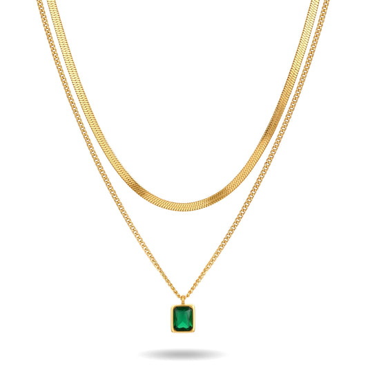 Green Solitaire Layered Necklace