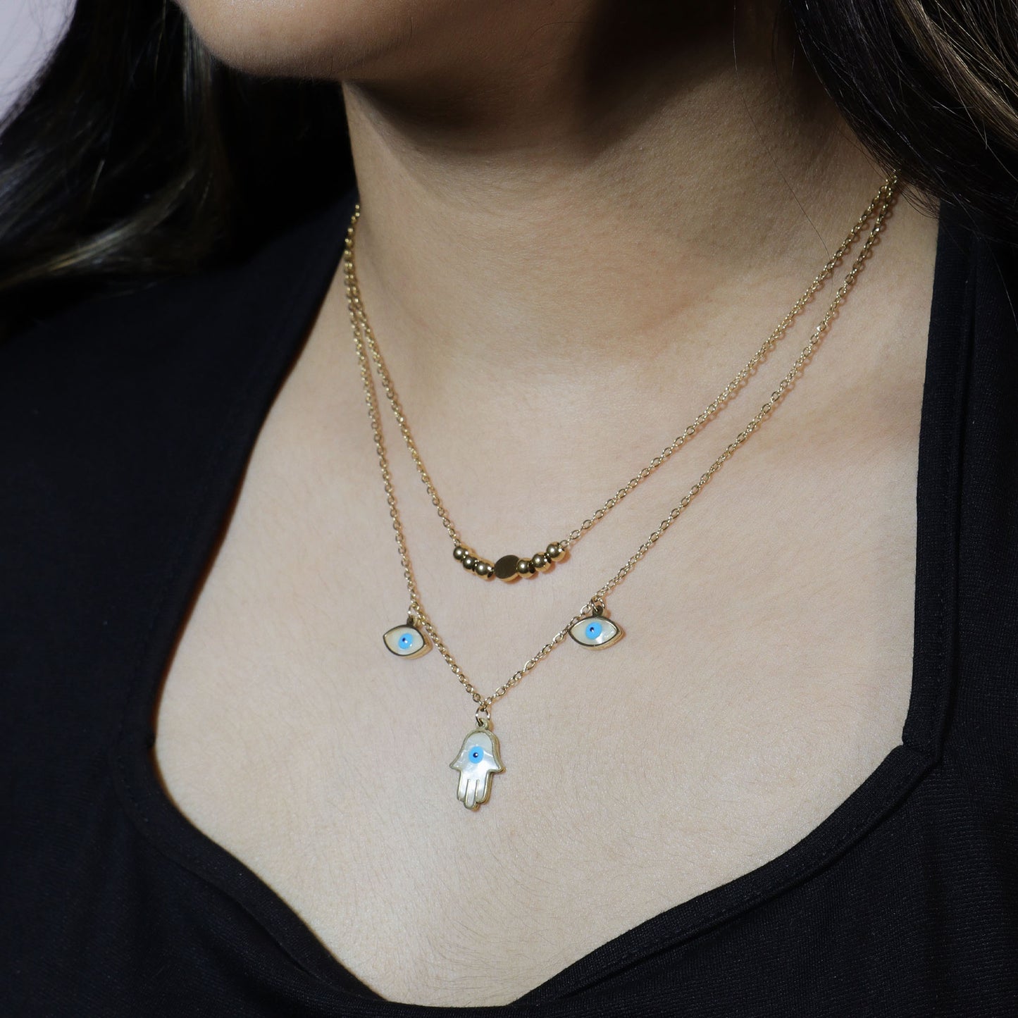 Double Layer Hamsa-Evil Eye Necklace